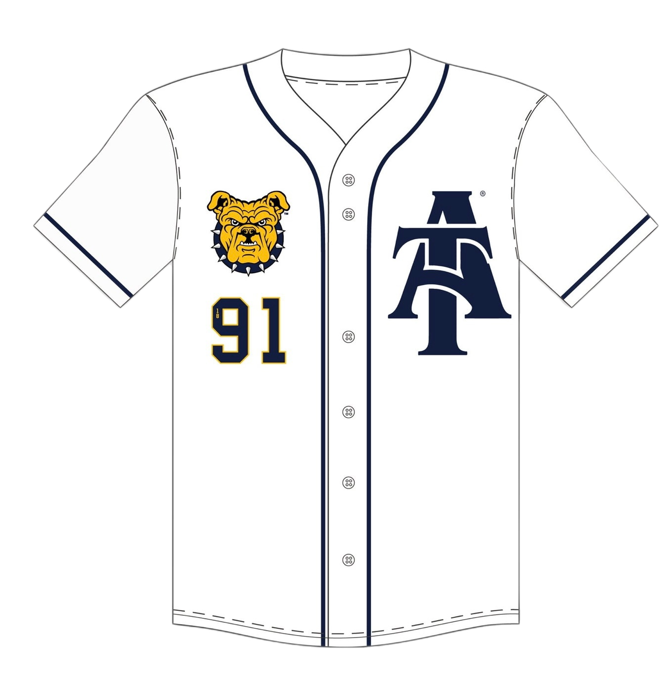 This baseball t-shirt is white, blue, and gold. It is 100% polyester. The front has the A&T interlock logo, 1891, and Aggie Bulldog.