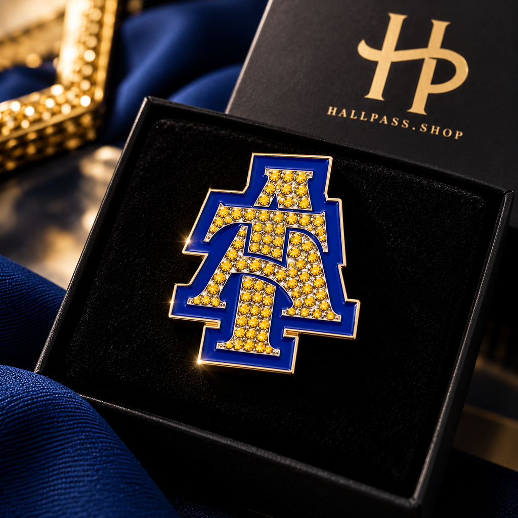 Rhinestone Blue and Gold Interlock Lapel Pin