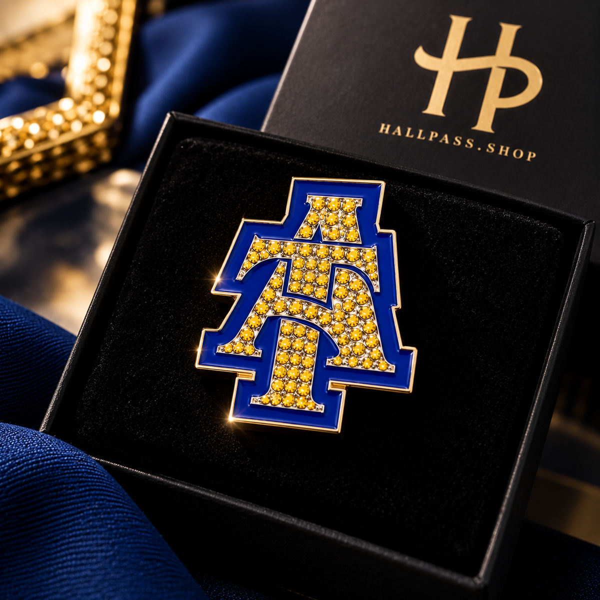 Rhinestone Blue and Gold Interlock Lapel Pin
