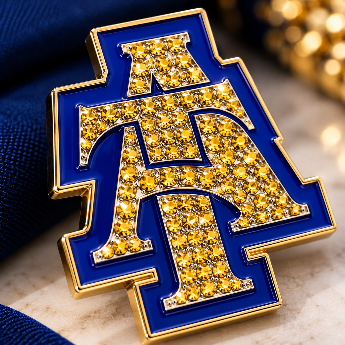 Rhinestone Blue and Gold Interlock Lapel Pin