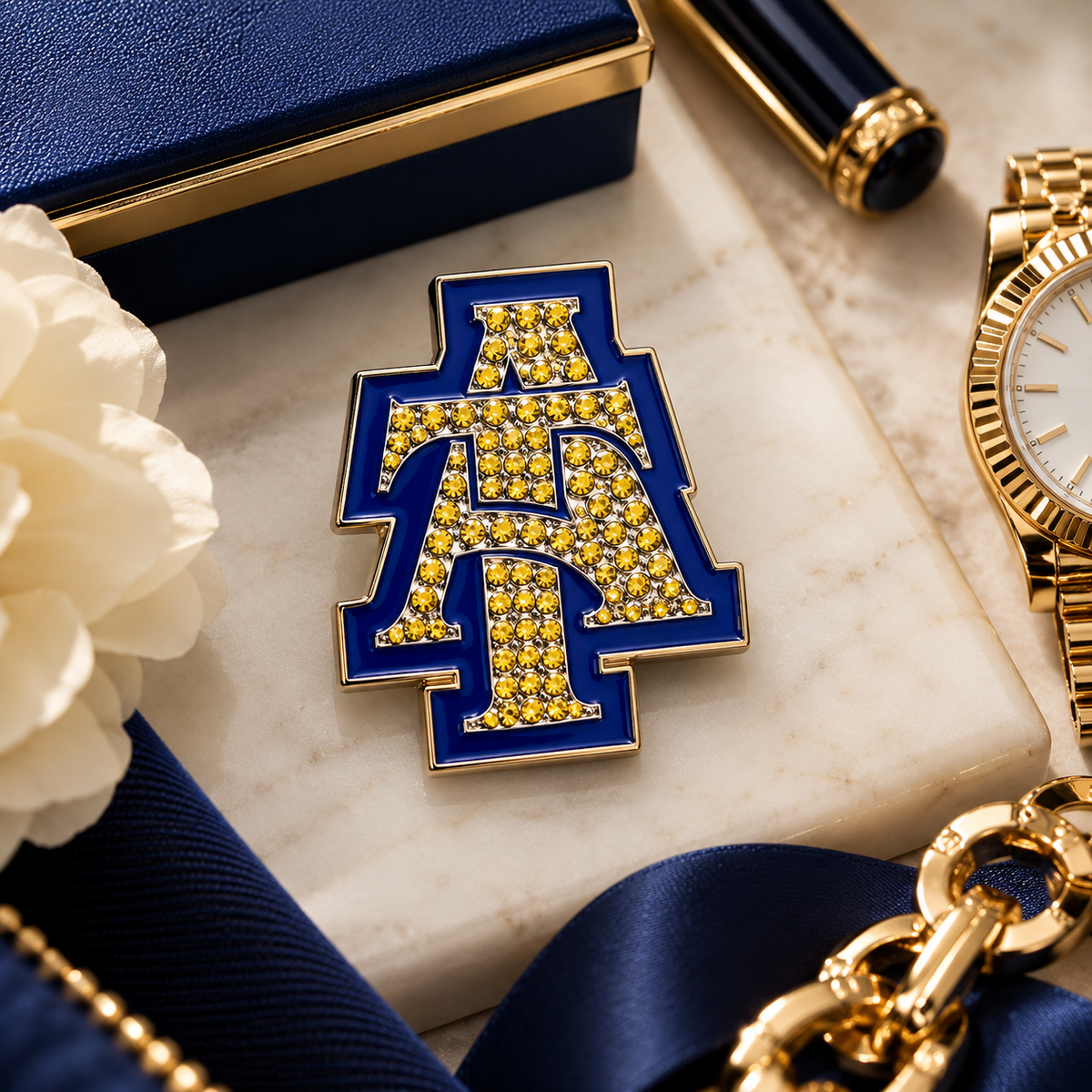 Rhinestone Blue and Gold Interlock Lapel Pin