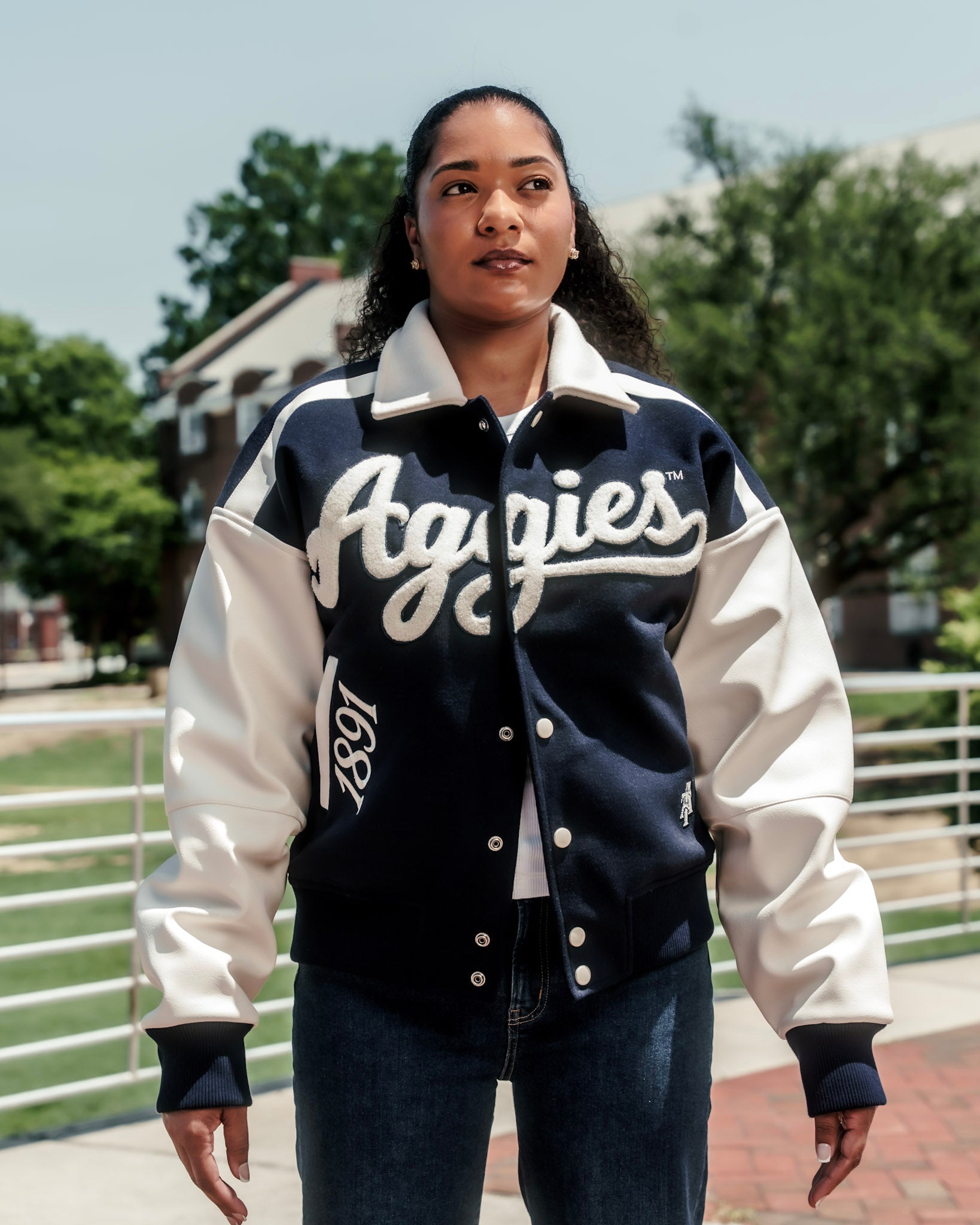 Unisex Navy and Cream Aggies Varsity Jacket