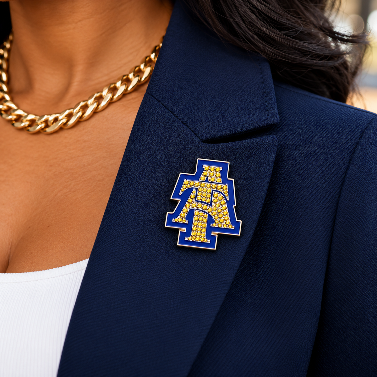 Rhinestone Blue and Gold Interlock Lapel Pin