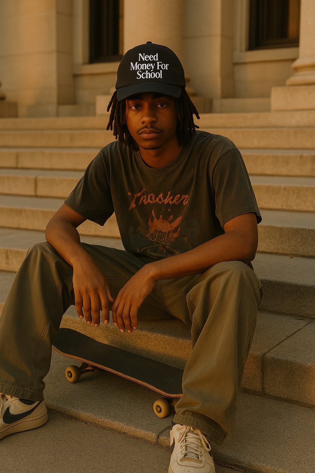 Person sitting on a skateboard with a cap and t-shirt, in front of a building.