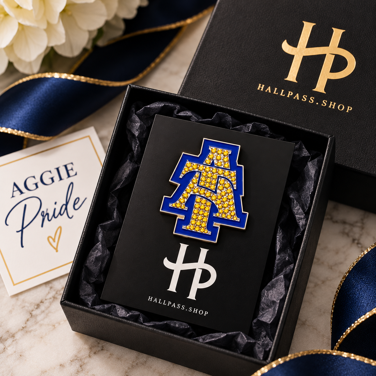 Rhinestone Blue and Gold Interlock Lapel Pin