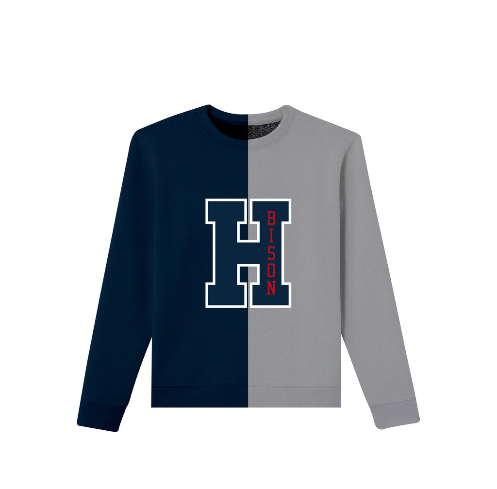 This crewneck sweatshirt is half blue and half gray for the Howard University Bison. It is 50% cotton and polyester. The blue H logo with Bison in redis on the front.