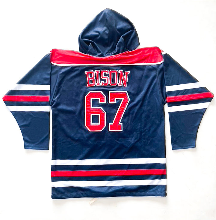 Blue, red, and white hockey jersey with a hood for the Howard University Bison. Material is 100% polyester. The back has a large Bison and 67.