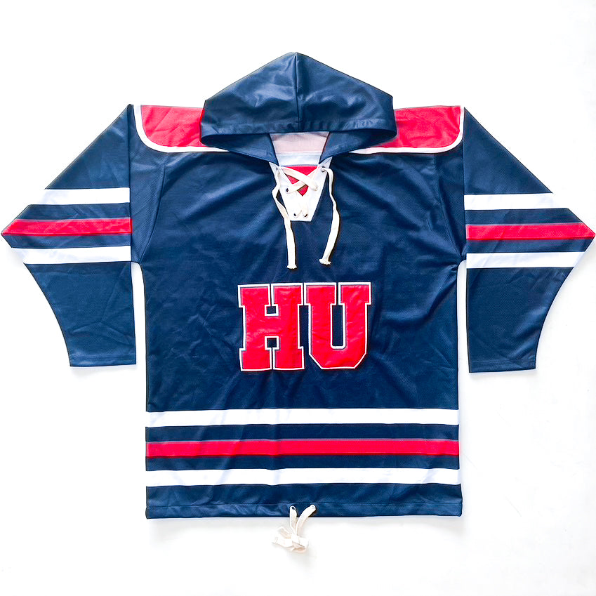 Blue, red, and white hockey jersey with a hood for the Howard University Bison. Material is 100% polyester. The front has a large HU letters.
