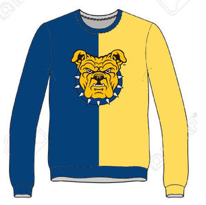 This crewneck sweatshirt is half blue and half gold for the North Carolina A&T State University Aggies. It is 50% cotton and polyester. The bulldog logo is on the front.
