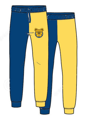 These sweatpants are half blue and half gold for the North Carolina A&T State University Aggies. It is 50% cotton and polyester. A small bulldog logo is on the front.