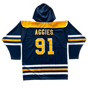 Blue, gold, and white hockey jersey with a hood for the North Carolina A&T State University Aggies. Material is 100% polyester. The back has the AGGIES logo and numbers 91.