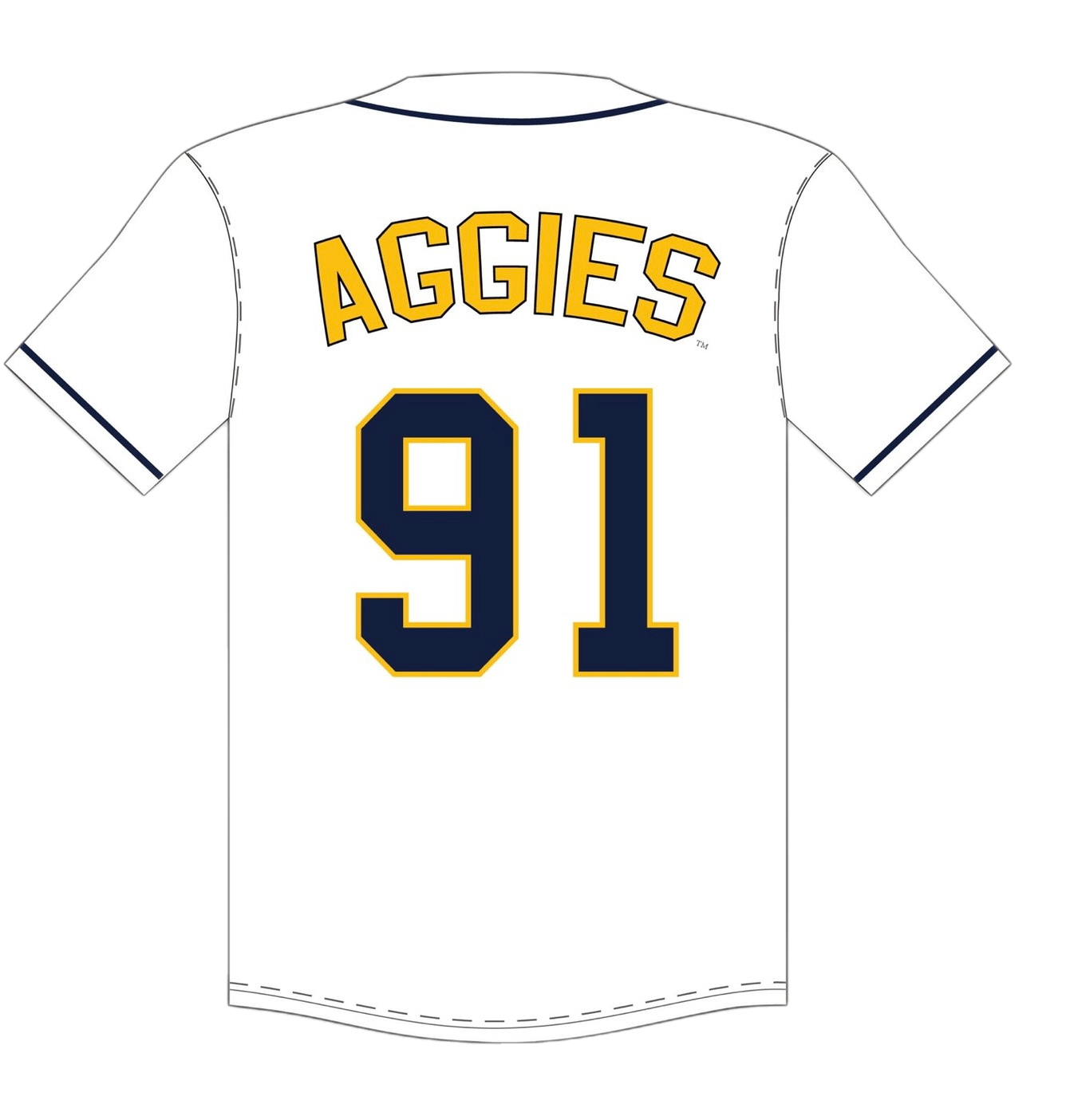 This baseball t-shirt is white, blue, and gold for the North Carolina A&T State University Aggies. It is 100% polyester. The back has the AGGIES and 91 logo.