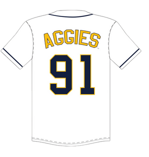 This baseball t-shirt is white, blue, and gold for the North Carolina A&T State University Aggies. It is 100% polyester. The back has the AGGIES and 91 logo.