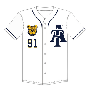 This baseball t-shirt is white, blue, and gold. It is 100% polyester. The front has the A&T interlock logo, 1891, and Aggie Bulldog.
